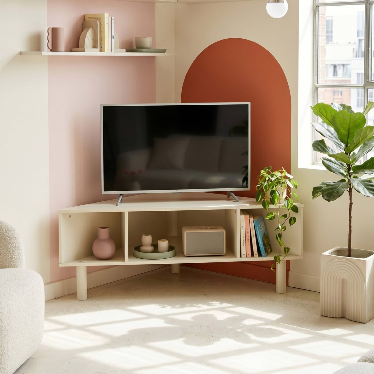 Meuble TV d'angle coloré 120 cm, BRADY crème, OVIALA