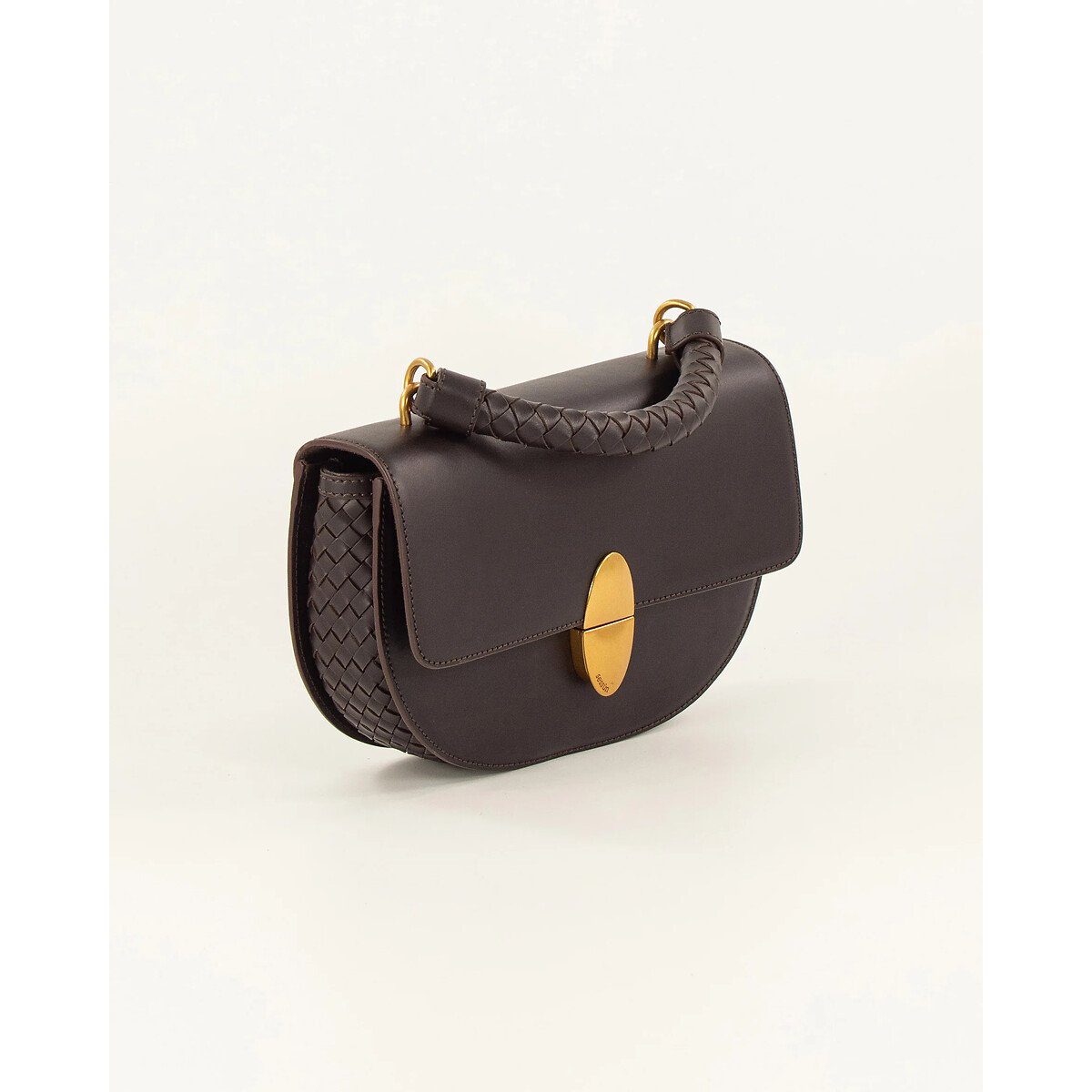 Round Tesoro Leather Half-Moon Bag with Braided Details coffee, SESSUN