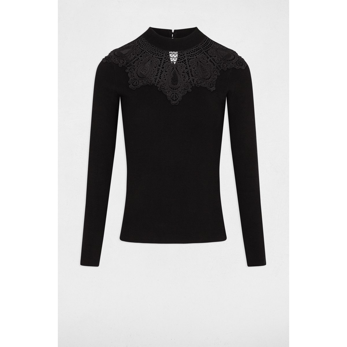 Pull col montant à dentelle noir, MORGAN