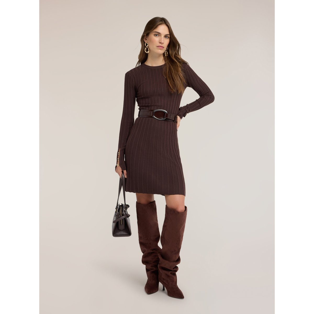 Minirobe côtelée avec jupe plissée marron, MOTIVI