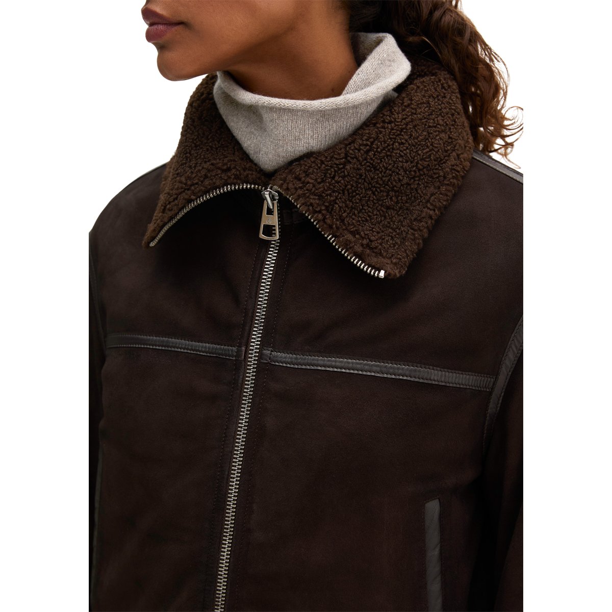 Veste en cuir coupe classique avec une doublure en peluche imitation fourrure à l'intérieur marron, MARC O'POLO