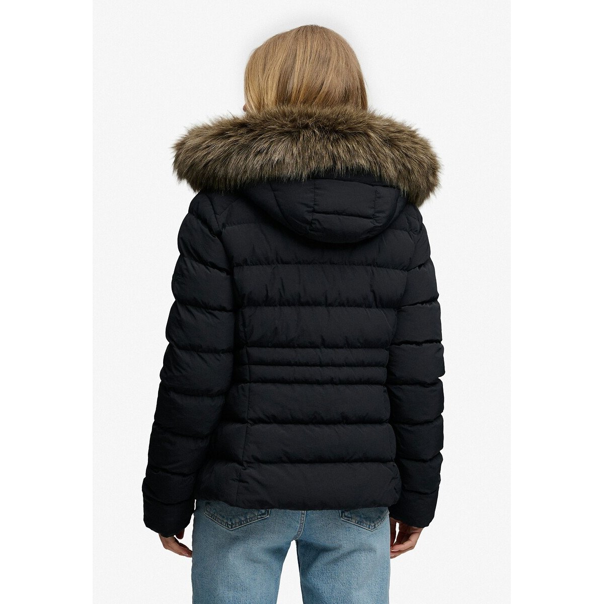 Chaqueta acolchada con capucha de pelo Fuji negro, SUPERDRY