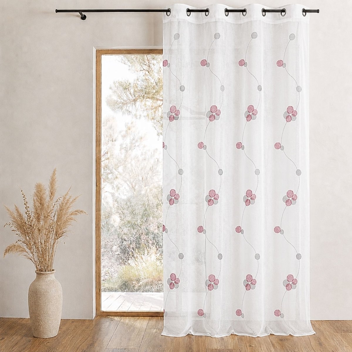 Voilage brodé à motifs de poids et lignes rouge, HOME MAISON