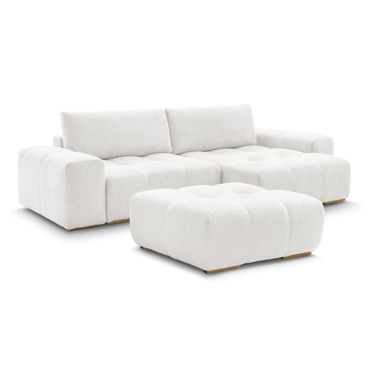 Canapé d'angle convertible 5 places en tissu bouclette avec pouf, ANAKIN blanc, BOBOCHIC