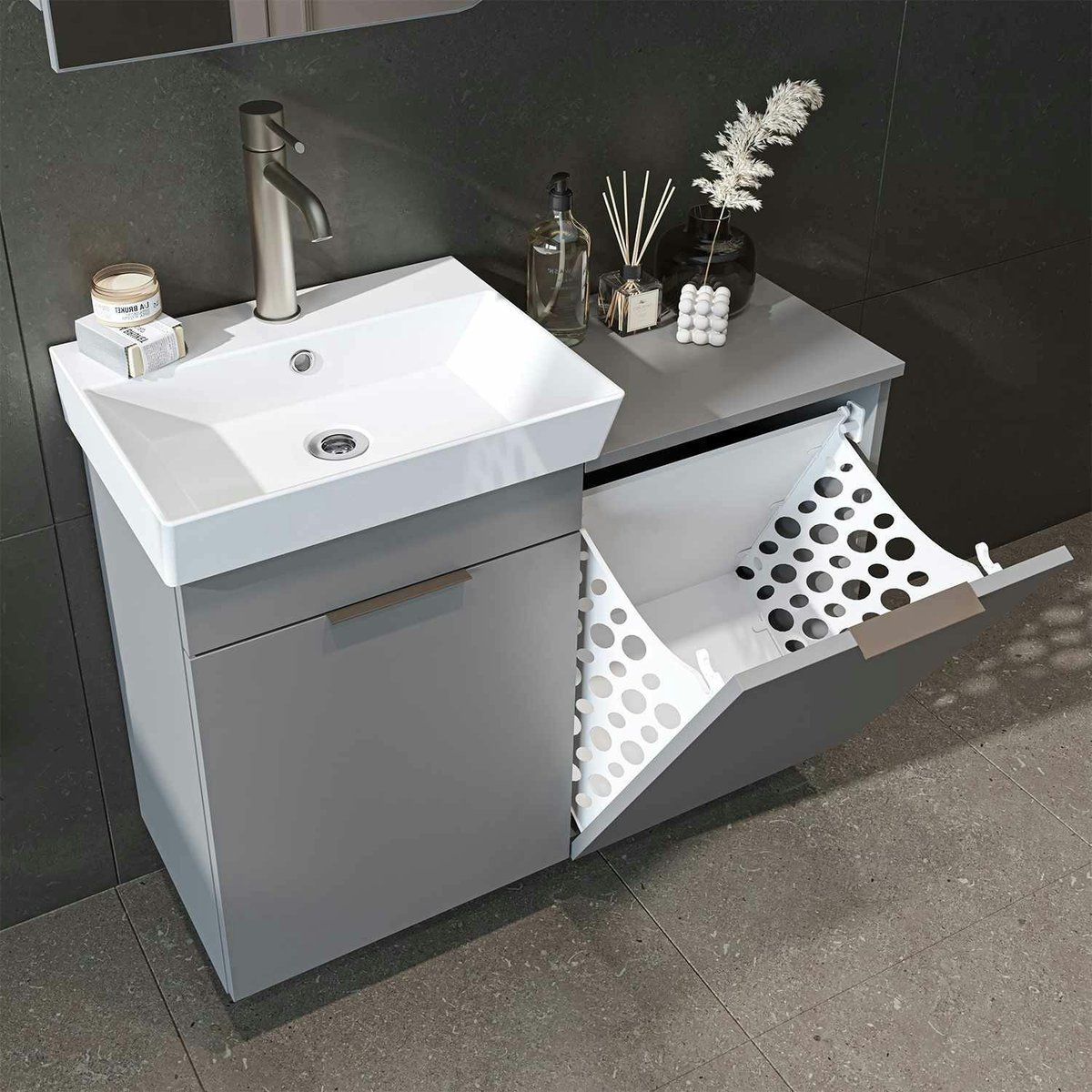 Vasque suspendue + meuble panier à linge NESSA gris, PIER IMPORT