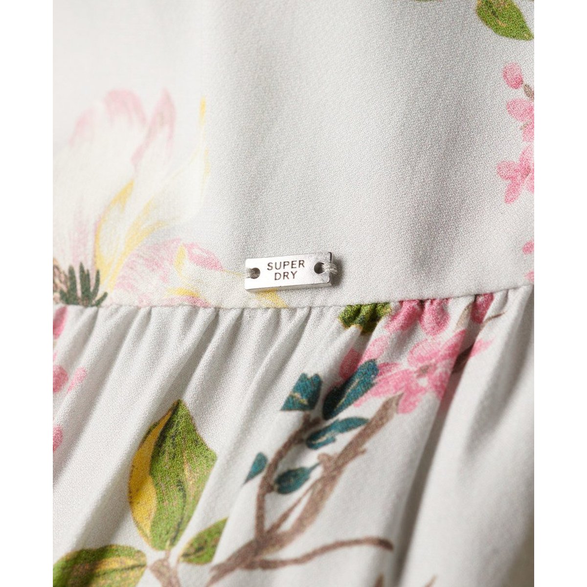 Robe longue tissée à volants gris oiseau fleuri, SUPERDRY
