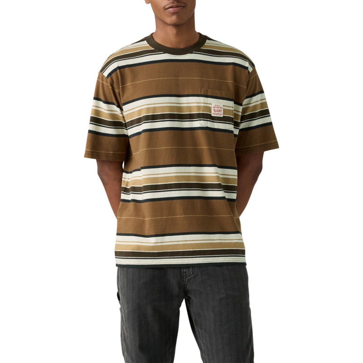 T-shirt marron en coton avec un imprimé fantaisie rayé et des manches courtes marron, LEVI'S