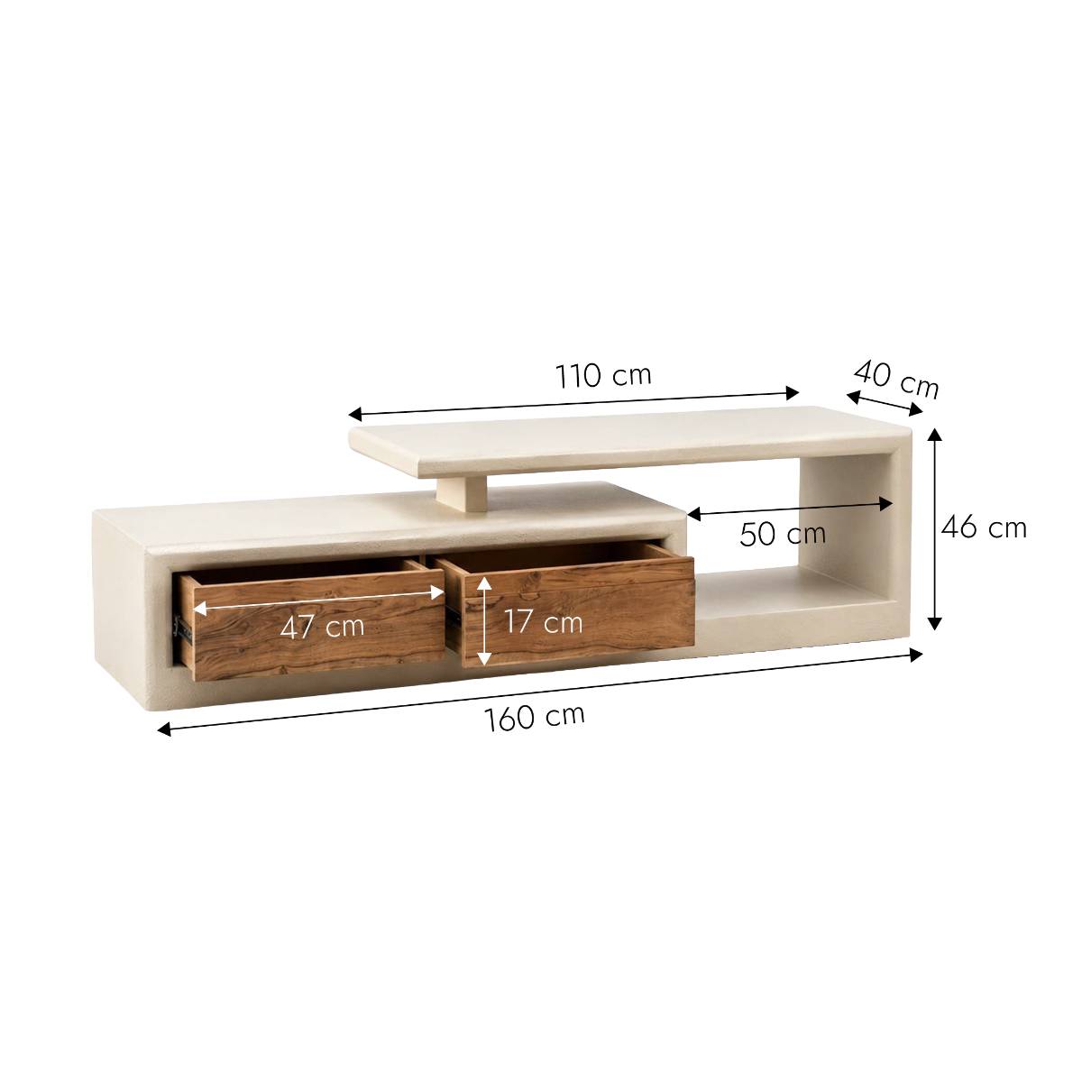 Meuble TV 2 tiroirs en bois effet béton DALVA blanc, MADE IN MEUBLES
