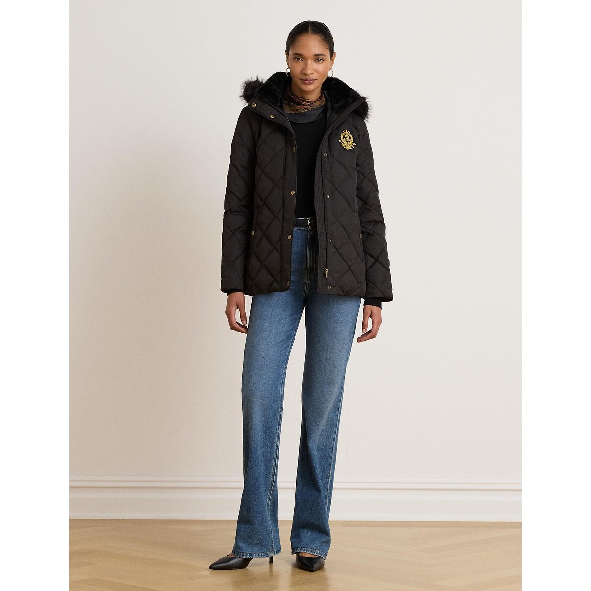 Doudoune mi-longue à capuche, avec écussson noir, LAUREN RALPH LAUREN