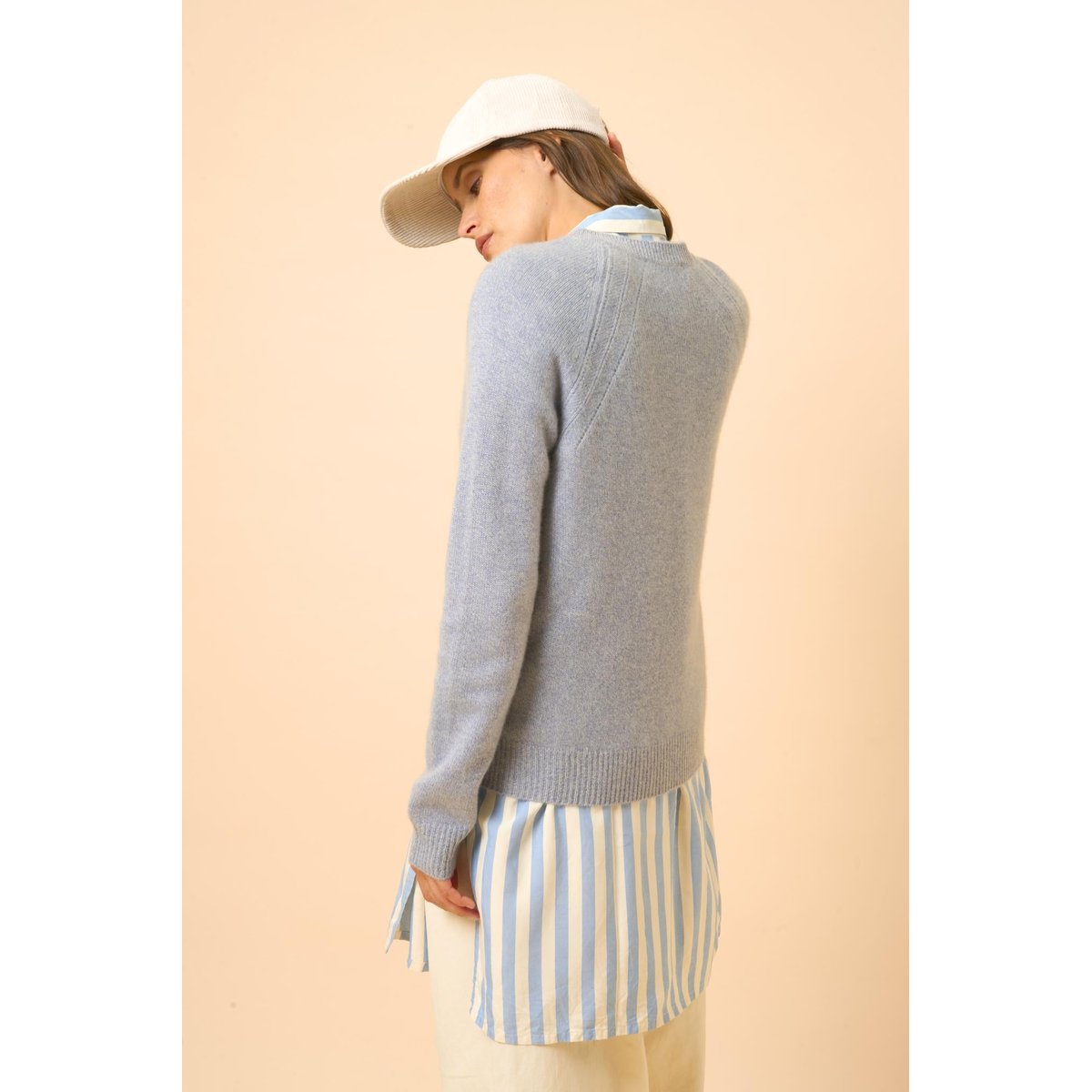 Pull Col Rond 4 Fils Bleu Ivoire Arequipa bleu blanc, JUST CASHMERE