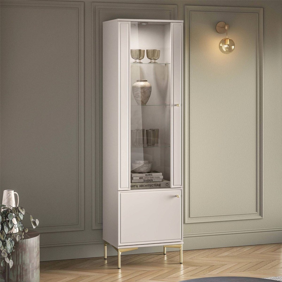 Vitrine 2 portes éclairée collection SANDRO beige cachemire et détails dorés, RECOLLECTION