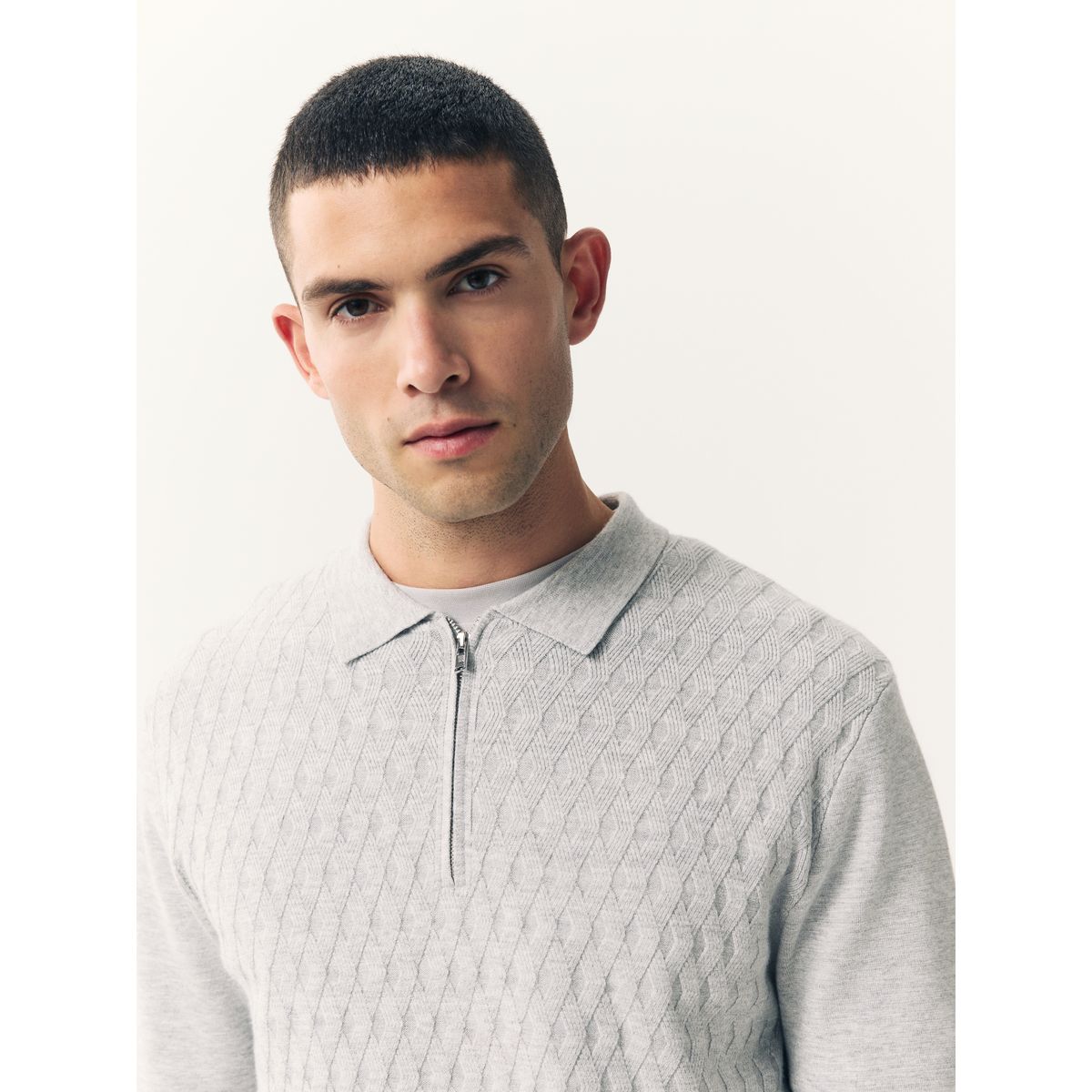 Polo regular en maille à col zippé gris, NEXT