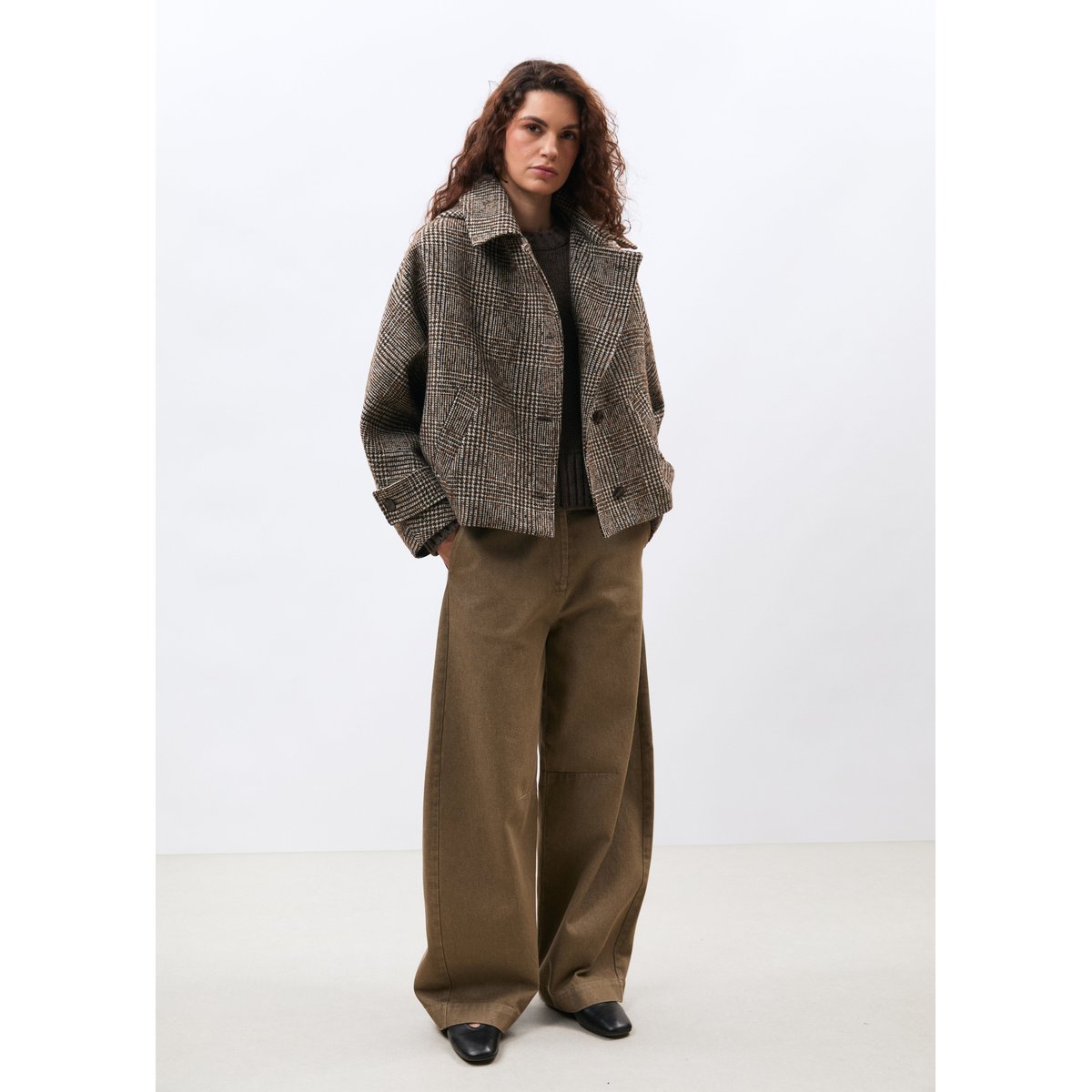 Blouson bicolore en lainage prince de Galles chocolat/off white, HUMILITY