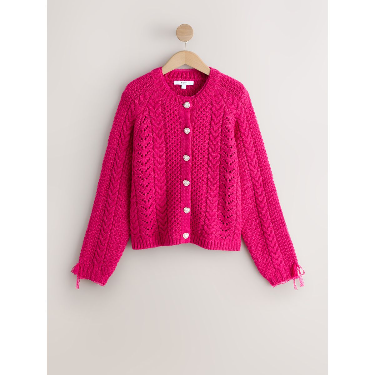 Cardigan torsadé avec liseré en dentelle rose vif, NEXT