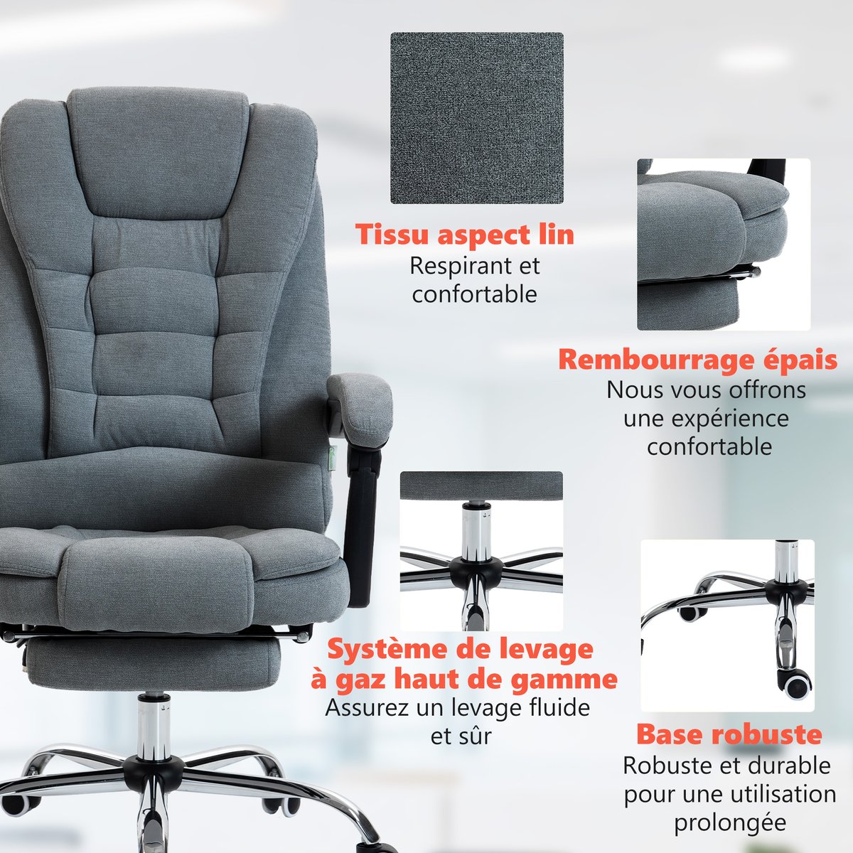 Fauteuil de bureau avec fonction massage gris foncé, HOMCOM