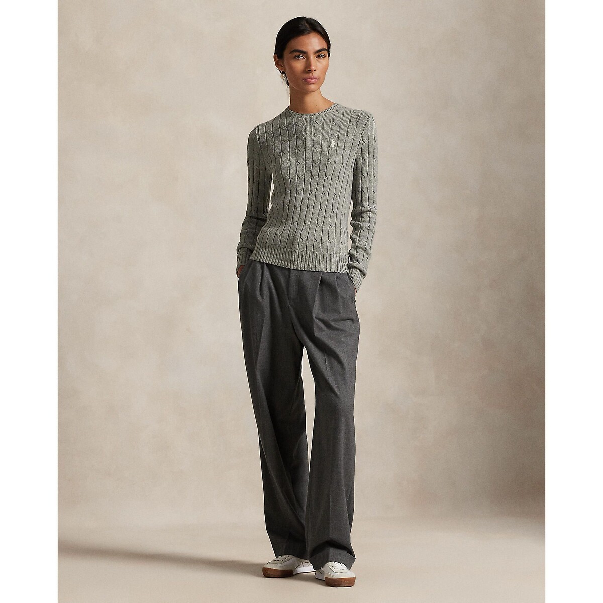 Pull à col rond, à manches longues, en maille torsadée gris, POLO RALPH LAUREN