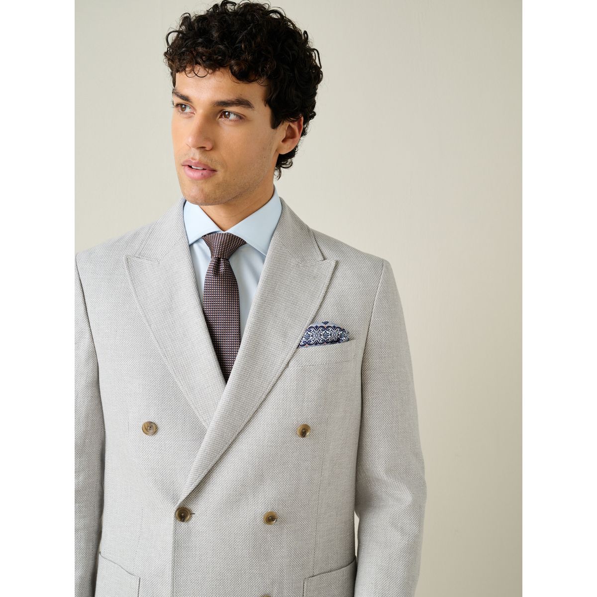 Blazer croisé en lin mélangé texturé gris clair, NEXT