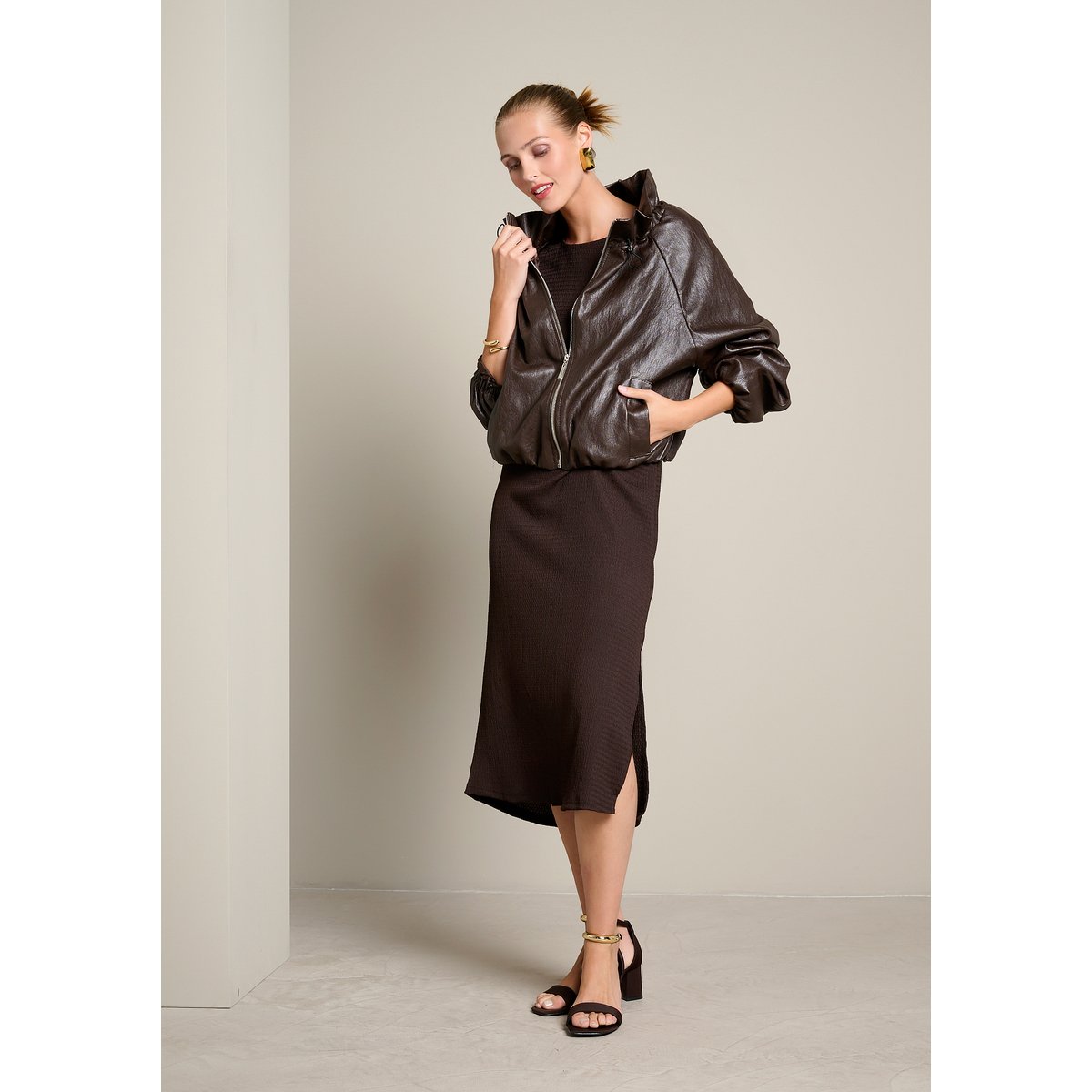 Bomber effet cuir col froncé brun fonce chocolate, LOLALIZA