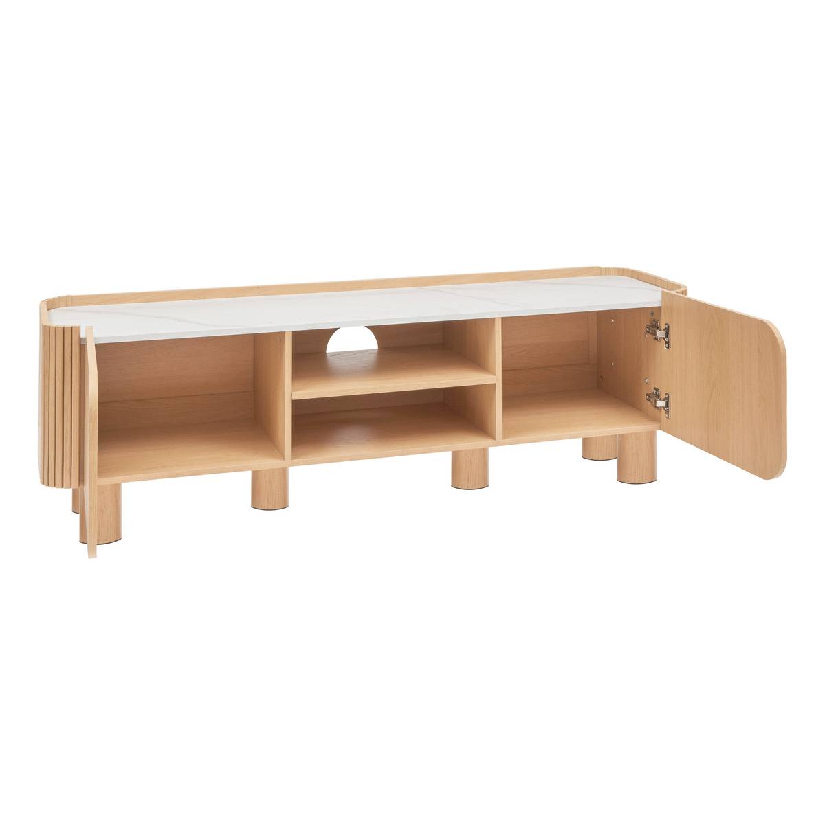 Meuble TV 2 portes plateau aspect marbre piètement hévéa HOMELYA beige, ATMOSPHERA