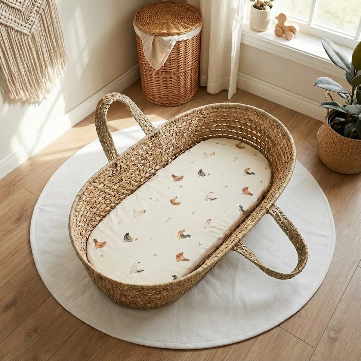 Drap housse couffin en coton GALLINA écru – motif poules champêtre, SEVIRA KIDS