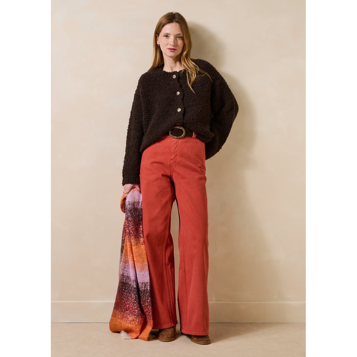 Gilet en maille bouclette col rond ganache, LA FEE MARABOUTEE