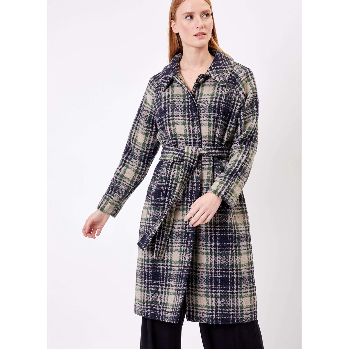 Manteau long en lainage motif BEKA bleu nuit vert, LA FIANCÉE
