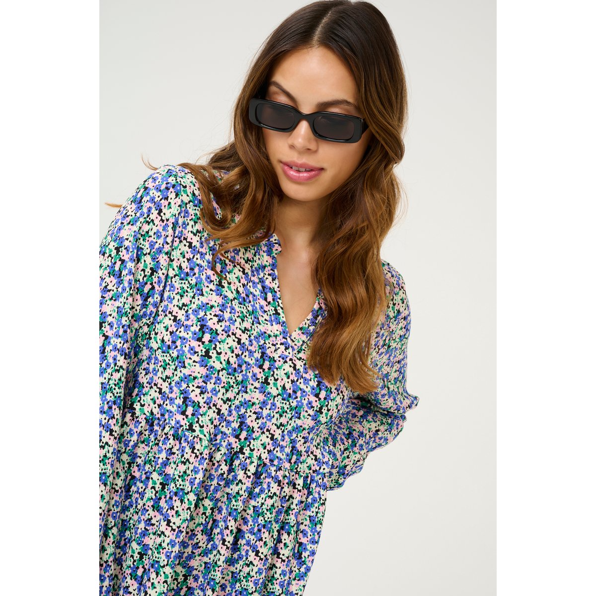 Dress bleu blue pink green floral, KAFFE