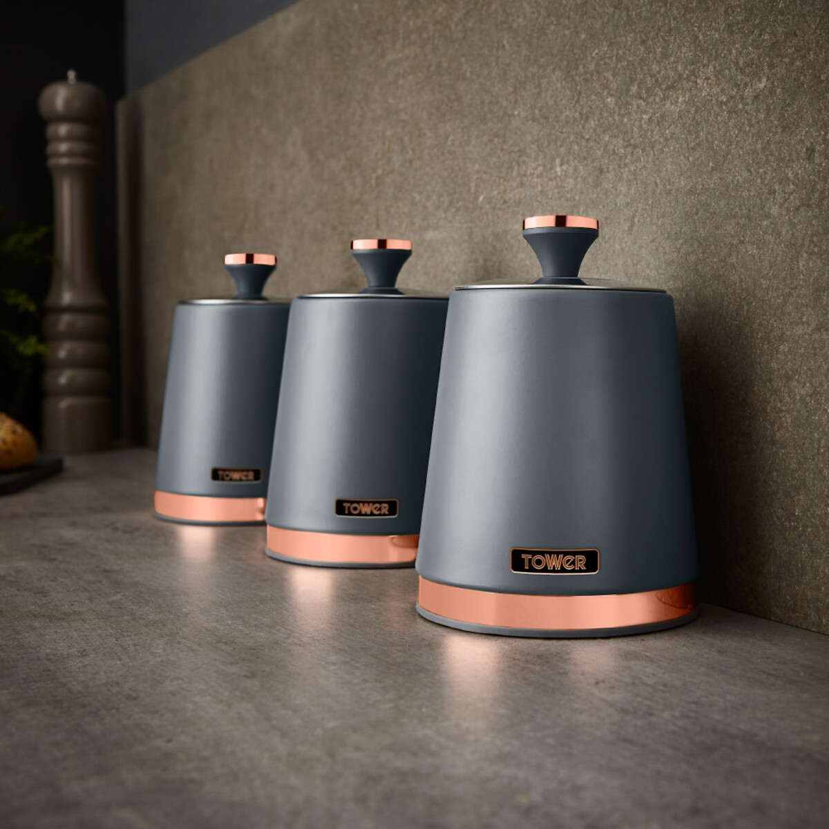 Set of 3 Cavaletto Tea Coffee Sugar Canisters grey, TOWER