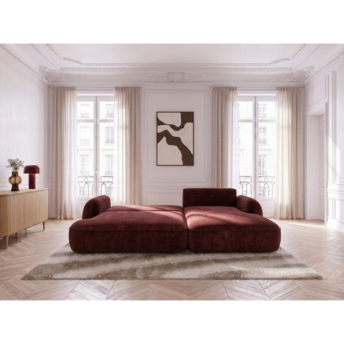 Canapé d'angle convertible 3 places en tissu lisse, CELESTE rouge, BOBOCHIC
