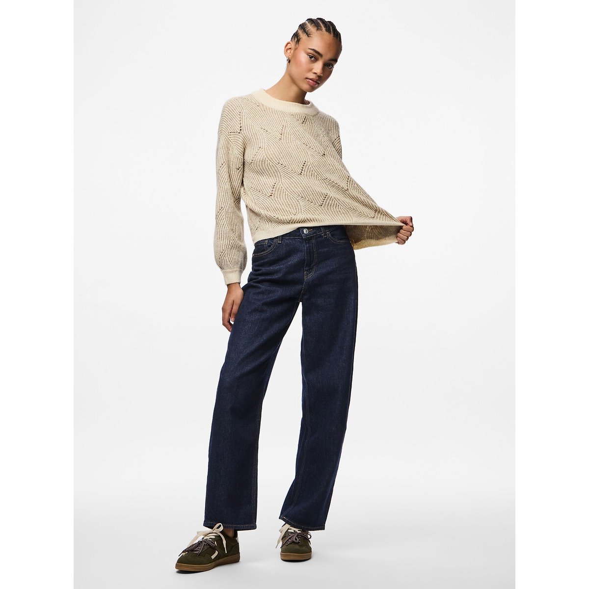 Pull col rond, manches ballon ecru/beige, PIECES