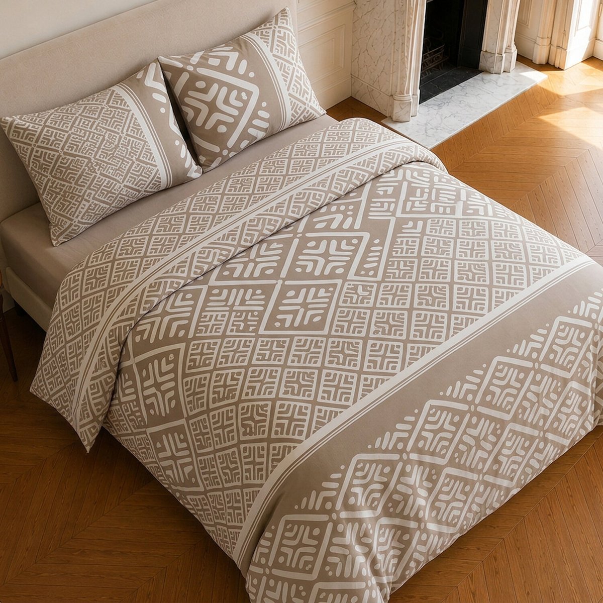 Parure de lit en coton motif géométrique, BOHO beige, C DESIGN HOME TEXTILE