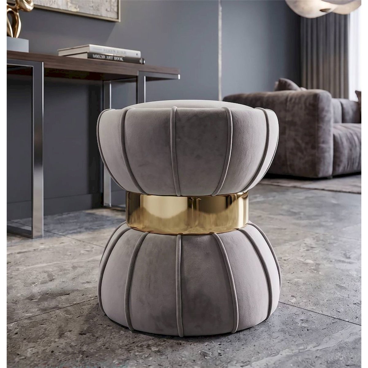 Tabouret en velours silhouette sablier GLAM gris et doré, RECOLLECTION