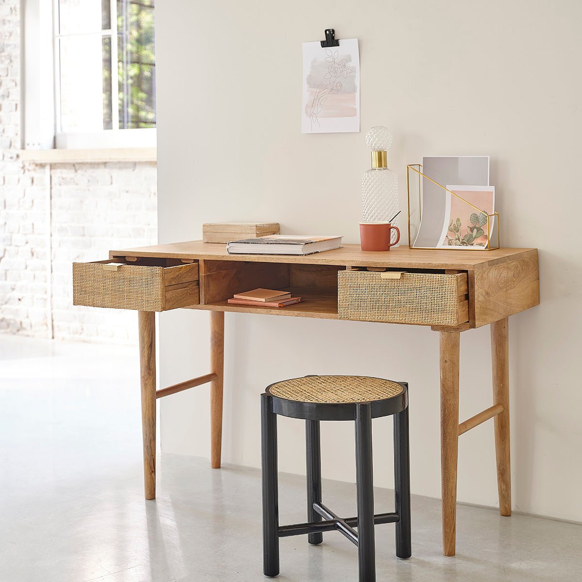 Bureau en bois de manguier et cannage 2 tiroirs  FELICIE naturel, BERAH GETAH