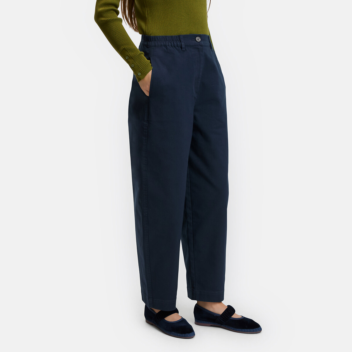 Stretch Cotton High Waist Wide Leg Barrel Trousers navy blue, LA REDOUTE COLLECTIONS