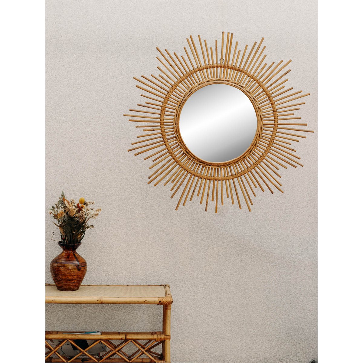 Grand miroir soleil en rotin Georges N°1276 - Bon état bois clair, DEBONGOUT