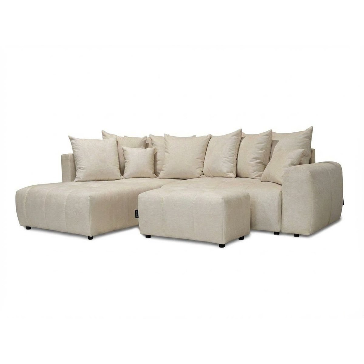 Canapé d'angle convertible 4 places en tissu chiné avec pouf, ROXELANE beige, BOBOCHIC