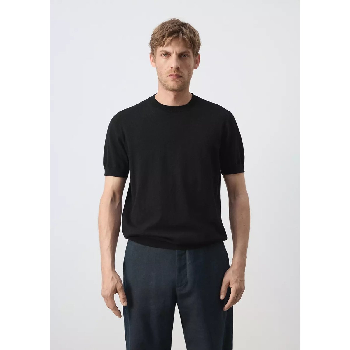 T-shirt 100 % coton en maille fine noir, MANGO MAN