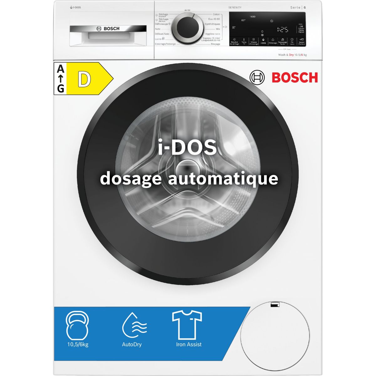Lave linge séchant hublot WNG254ASFR - 10,5/6 kg - 1400 tr/min - Classe D - Moteur induction - Dosage automatique - Série 6 couleur unique, BOSCH