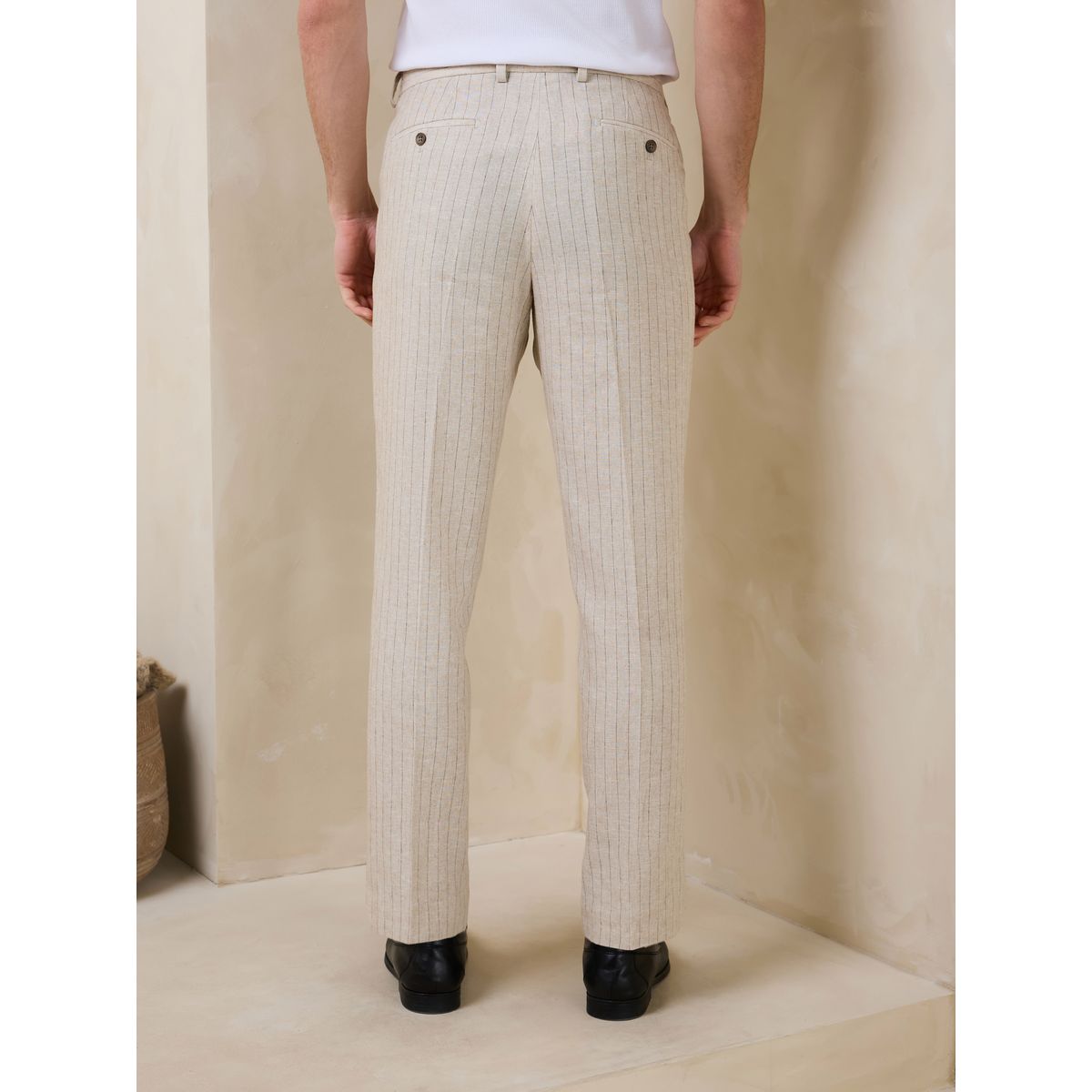 Pantalon slim en lin rayé écru, NEXT