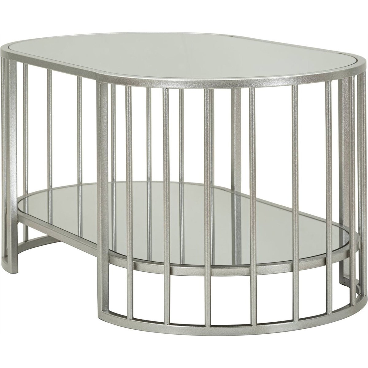 Table basse ovale en fer et miroir double plateau argent, RECOLLECTION