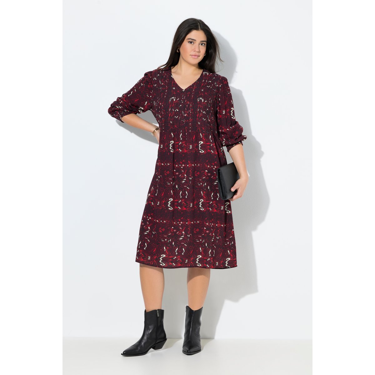 Robe smockée à encolure en V et prune, ULLA POPKEN