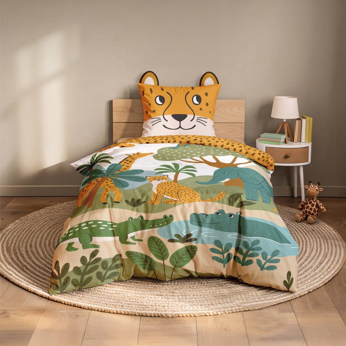 Parure de lit enfant 2 pièces 100 % coton imprimé animaux de la jungle housse + taie jaune, DOUCEUR D'INTÉRIEUR