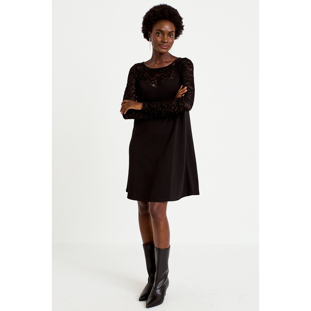 Robe bi-matière courte col rond noir, CACHE CACHE