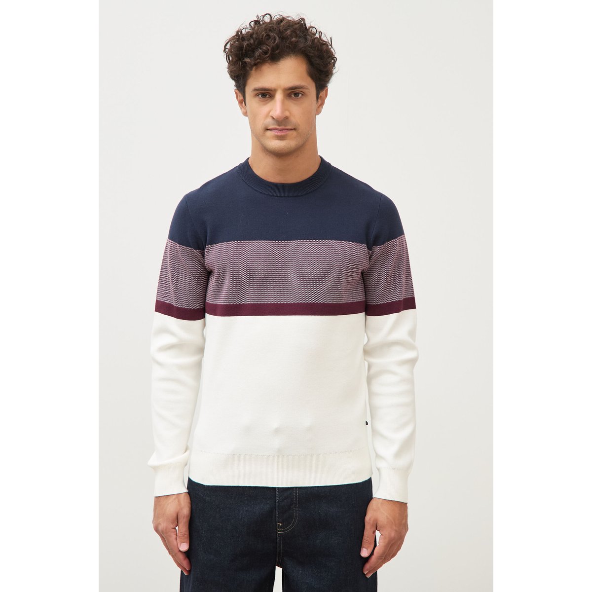 Pull fin col rond manches longues bleu marine, BONOBO