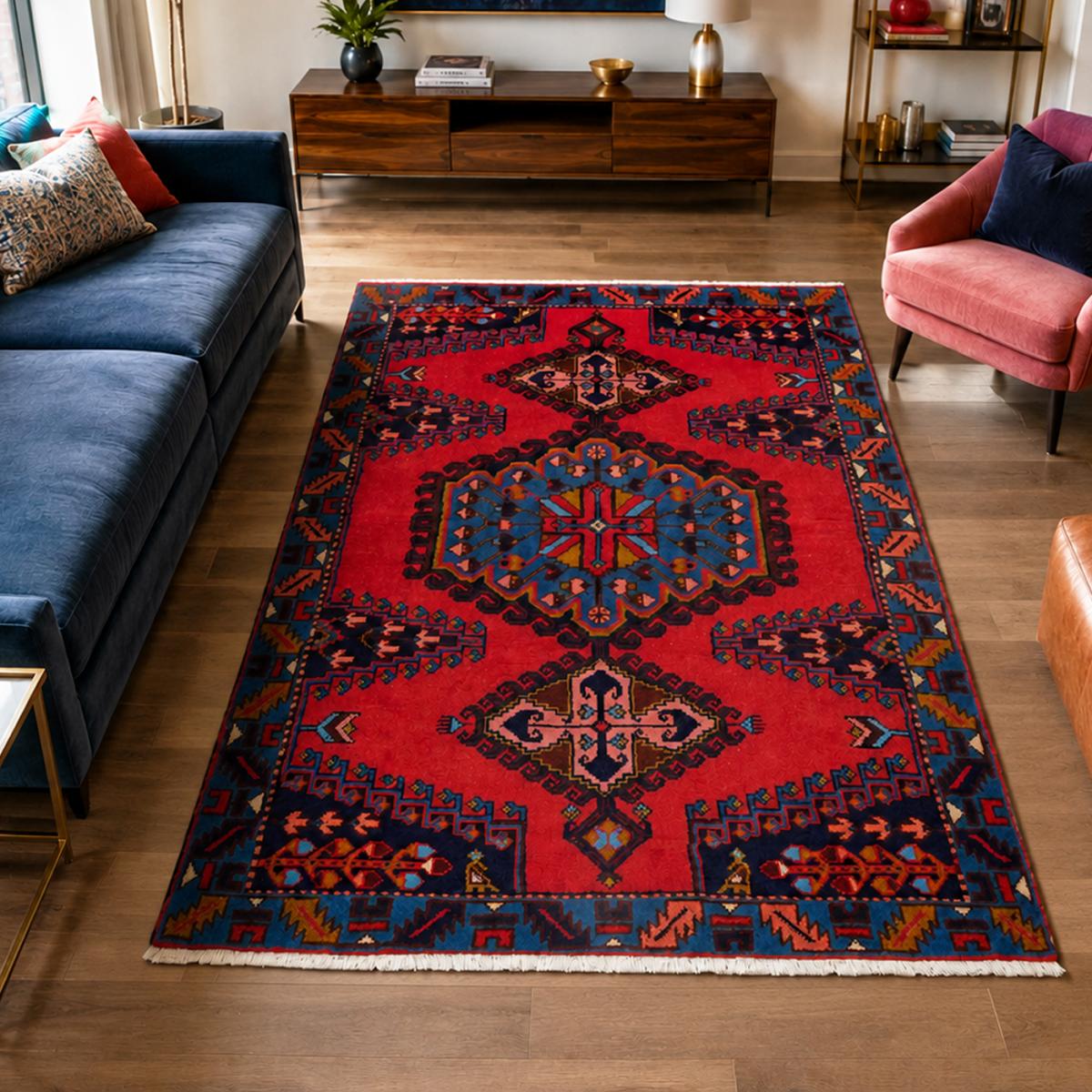Tapis d'orient, motif oriental authentique, noué main, HAMADAN 179 rouge, bleu, rose, UN AMOUR DE TAPIS