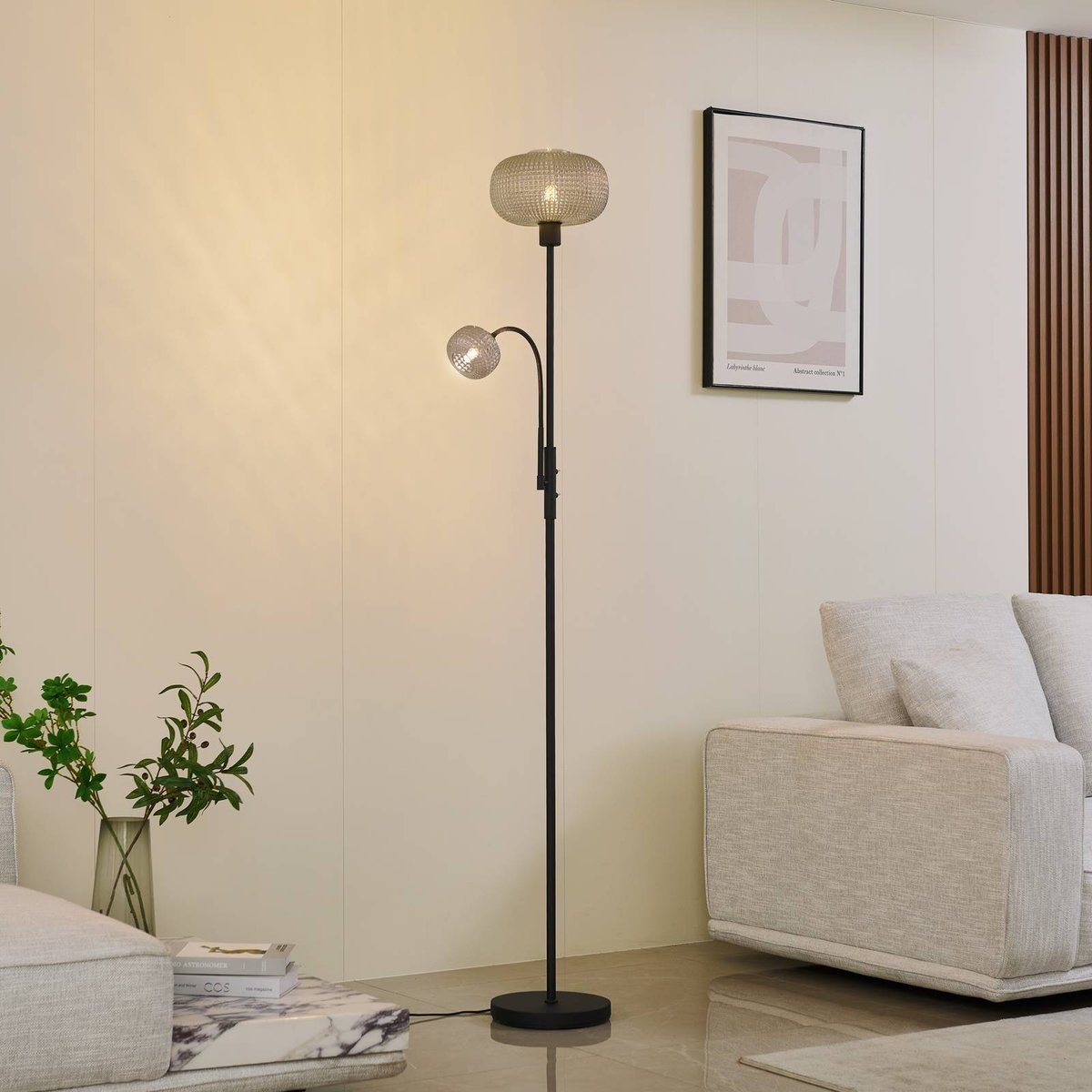 Lampadaire en métal moderne, Aliette noir, gris fumé, LINDBY