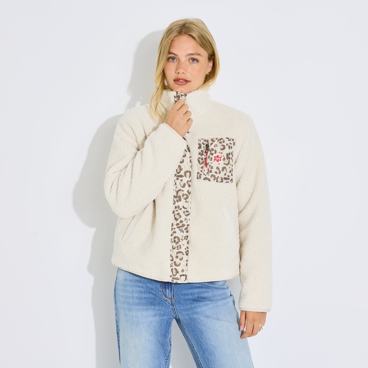 Veste moumoute zippée col montant beige, GRAIN DE MALICE