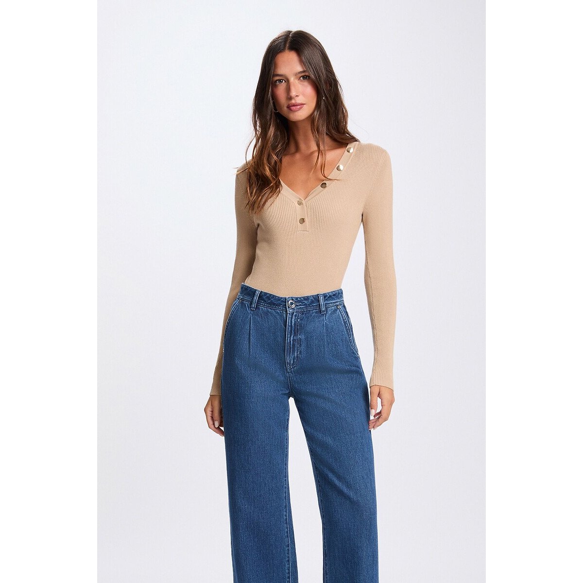 Pull manches longues col V beige, MORGAN