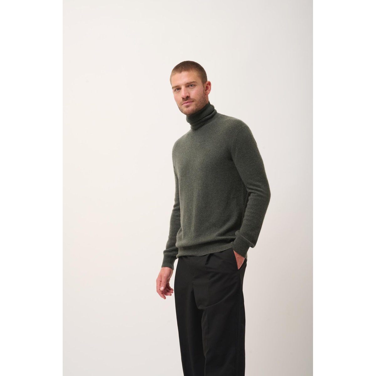 Pull Col Roulé Kaki Chiné Connor kaki chiné, JUST CASHMERE
