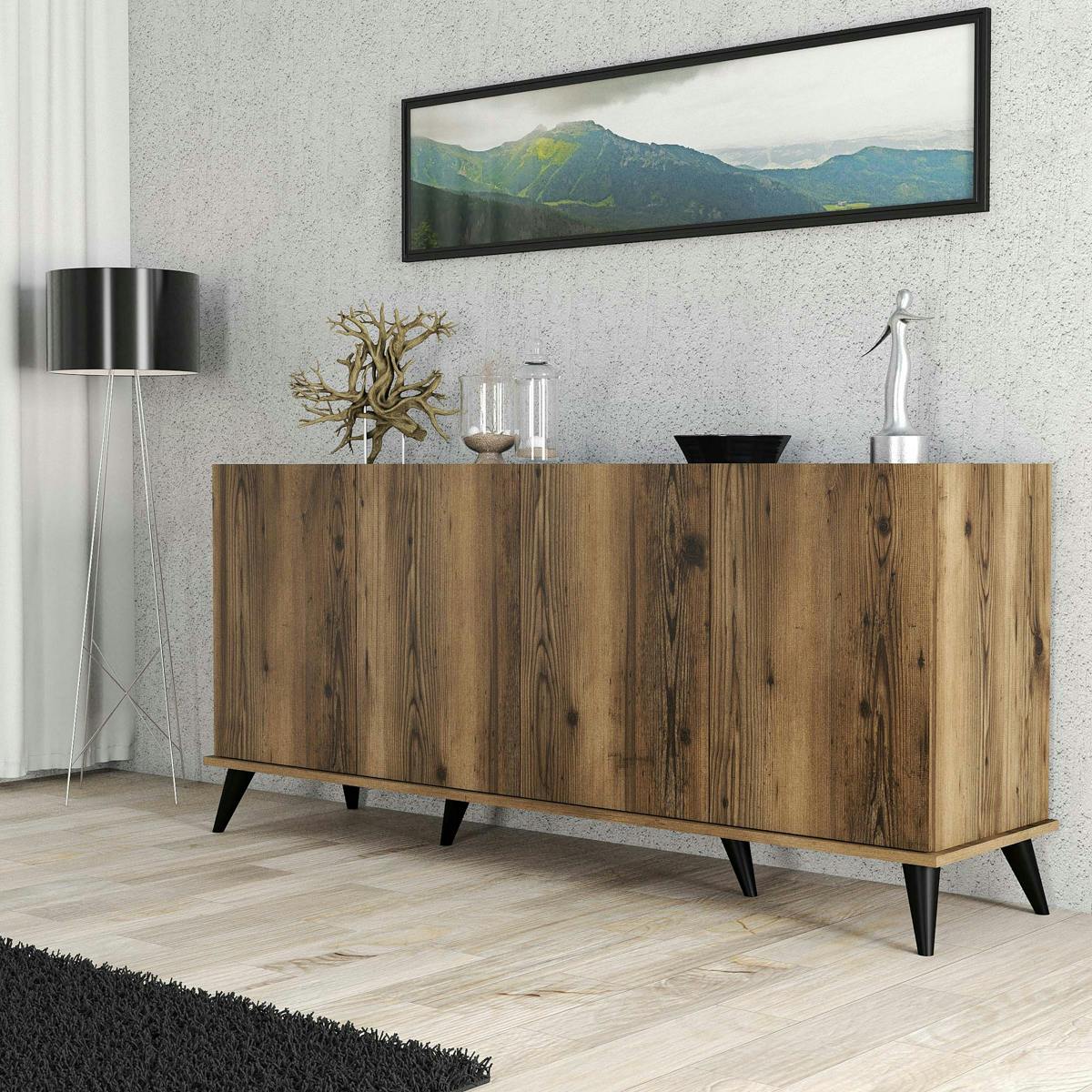 Buffet 4 portes à rebord haut UMEA noyer / marbre, PIER IMPORT
